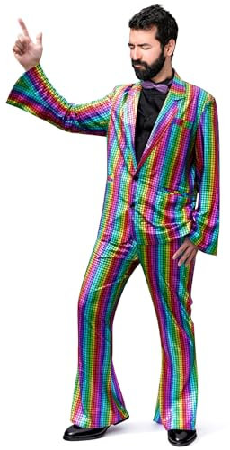 Herren 70er Jahre Disco Outfit Regenbogen Anzug Pailletten Jacke und Hose Halloween Party Abschlussball Anzüge, Regenbogen, M