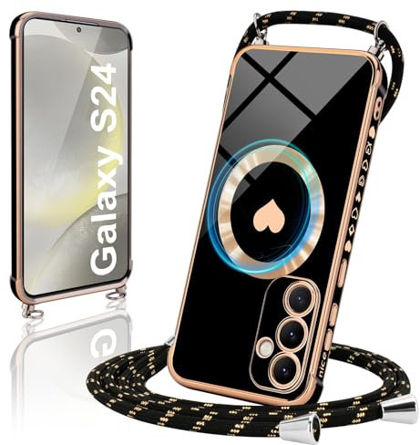 Micoden Handykette für Samsung Galaxy S24 5G Hülle Necklace mit Band, Kompatibel mit MagSafe, Magnetische Handyhülle für zum Umhängen Kordel Kameraschutz Stoßfeste Herz Case Schutzhülle,Schwarz