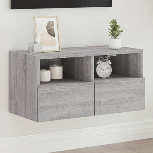 Natulvd Wall Cabinet, Wall Mounted TV Unit, Kitchen Bedroom Floating Cabinet with Pull-Down Door & Open Cubes, Under TV Shelf for Living Room (Grey Oak)
