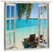 Outdoor Garden Shower Curtain, Summer Beach Palm Tree Ocean Seascape Through White Wooden Windows Tropical Island Blue Green Bath Curtain, Waterproof Bathroom Decor with Hooks, 180X180cm/ 71X71 in