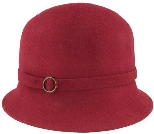 Breiter Damen Filzhut Glocke 100% Wolle Wollfilzhut Glocke mit Plastikschließe Ripsband-Garnitur Rot M