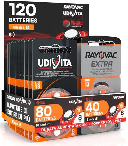 120 Hörgerätebatterien Größe 13 PR48 (Orange) Sound Fusion Technology Hearing Evolution – 120 Batterien: 80 Udivita + 40 Rayovac