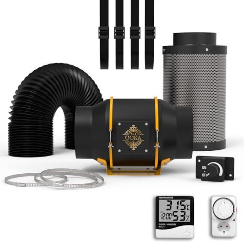 The Grow Premium Grow Kit Inline Rohrventilator 150 mm / 6 Zoll, 683 m³/h (402 CFM), leiser EC-Motor (32 dB), Temperatur- & Feuchtigkeitsmessgeräte, Aktivkohlefilter Growzelt Setup 6M Ventilator