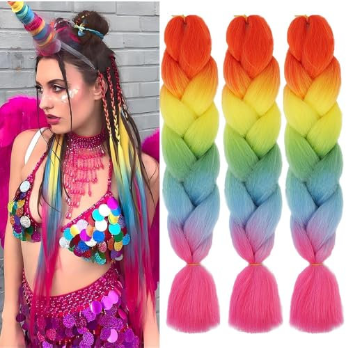 Regenbogenfarben Kunsthaar Zum Einflechten 24 Zoll 3packs Easy Jumbo Braid Vorgedehnte Extensions Haar Zum Einflechten Braids ZopfverläNgerungen Braids Extensions