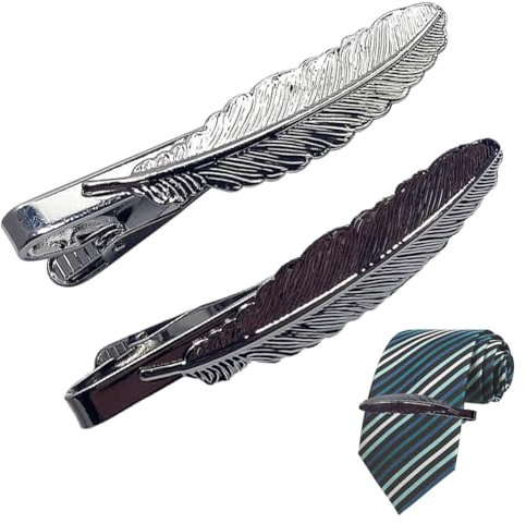Pince à cravate pour homme, 2 pinces à cravate longues à bord plume, comprend une pince à cravate en métal blanc doré, des accessoires de cravate pour homme pour mariages, anniversaires, anniversaires