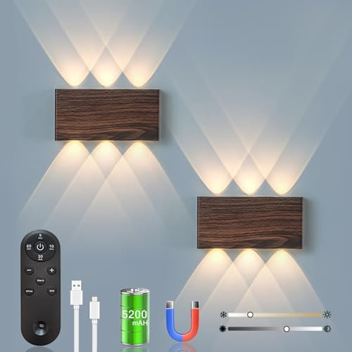 2pcs Akku Wandlampe, mit Fernbedienung Touch Control Schalter LED Magnetisch Akku Wandleuchte 5200mAh Kabellose Wandlampe 3 Modi Helligkeitsstufen, ideal für Loft Flur Schlafzimmer (Walnuss)