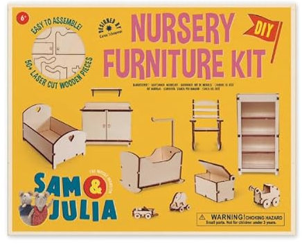 Sam & Julia - Bausatz Babyzimmer – Puppen-Möbel 1/12 für Puppenhaus oder Puppenstube zum selber basteln – Bastel-Set mit: Babybett, Wiege, Wickeltisch, Garderobe, Schaukelstuh