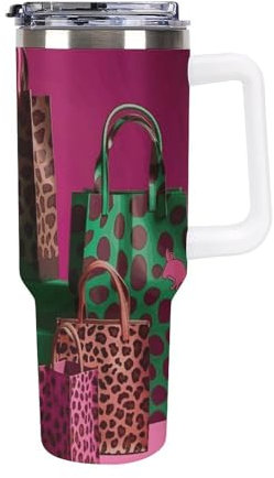 NWTRK Leopard Print Einkaufstasche Tumbler 40oz mit Henkel und Strohhalm Doppel Vakuum Auslaufsicher Reise Kaffeetasse Süße Wasserflasche Auto Tasse Geschenke für Frauen Männer