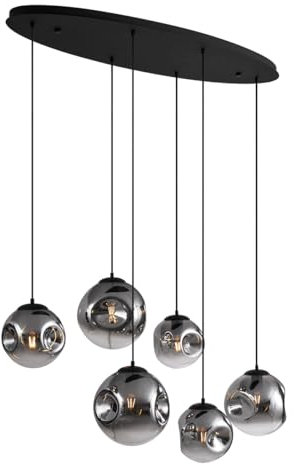 QAZQA - Art Deco Art-Deco-Hängelampe I Pendellampe I Pendelleuchte schwarz mit ovaler Deckenplatte und Rauchglas 6-flammig - Douglass I Wohnzimmer I Schlafzimmer - Oval I Länglich I Kugel I Kugelförmi