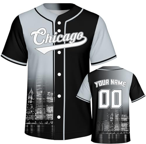 Persönlicher Baseball Shirt mit Stadtnachthimmel Design Mit eigener Namens und Nummerierung Für Männer, Frauen, Jugendliche und Fans Schwarz Größe S bis 6XL