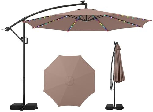 RELAX4LIFE Parasol Déporté 3x3M LED à Énergie Solaire avec 96 Lumières 7 Modes d'Éclairage, Parasol de Jardin Extérieur avec Pied, Parasol Inclinable à 8 Baleines pour Terrasse Patio Plage (Marron)