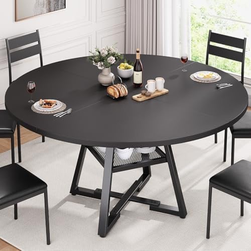Jocoevol Esstisch Runder für 4-6 Personen, Esszimmertisch mit Ablage, platzsparender Küchentisch aus Holz im Industrial Design (Schwarz, 130x130x76cm)