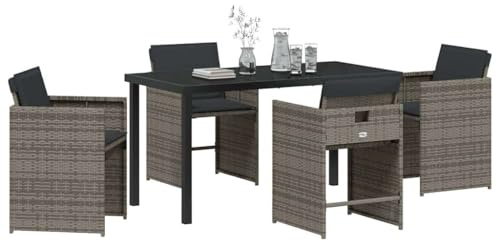 vidaXL 5 Piece Garden Dining Set with Grey Synthetic Rattan Cushions, Includes Table and 4 Chairs for Outdoor Use, Easy to Clean, Perfect for Balcony, Patio and Patio, Modern Furniture