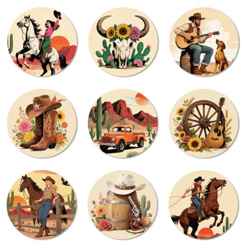 ANATTASOUL Wood Coasters Set of 9 for Drinks Western Cowboy Pattern Colorful Wooden Cup Mat for Coffee Table Decor, 3.9 Non-Slip Desk Coasters for Home, Apartment, Office, Bar Gifts