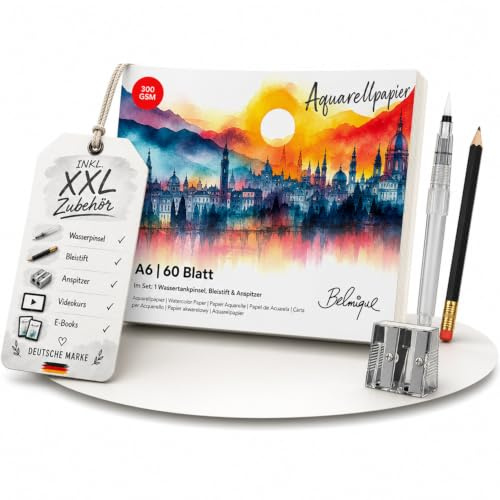 Belmique Aquarellpapier A6 Set inkl. XXL-Zubehör mit 60 Seiten I Aquarell Block mit rauer & glatter Oberfläche 300 g/m² – inkl. Brushpen, Bleistift, Videokurs & Zubehör