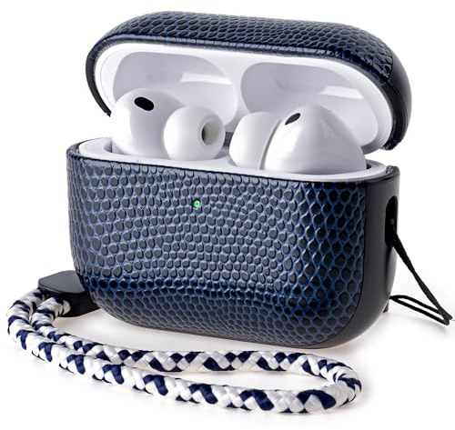 Rixeny Veganes Leder Hülle für Apple AirPods Pro 3 (2025) Schutzhülle, Blau | Lederhülle im Modestil mit Eidechsenprägung, mit Handschlaufe, Minimaldesign, Kompatibel mit MagSafe, Einfach tragbar