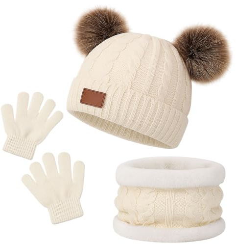 AWAVM 3 en 1 Ensemble Bonnet-Echarpe-Gants Enfant Hiver,Bonnet Enfant Hiver avec Pompon,Tricoté Tour de Chaud Gants,Ensemble d’Hiver pour Fille et Garçon 2-6Ans (White)