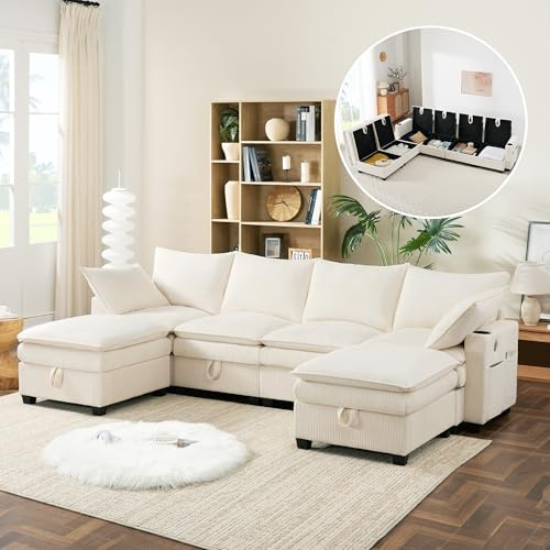 Ligterra Wohnlandschaft U Form, Modulares Sofa, Sofa U Form mit Schlaffunktion, mit Stauraum, Cordbezug, Abnehmbarem Fußhocker, USB-Anschlüssen, Staufächern, Getränkehaltern, 280×152×83cm (Beige)