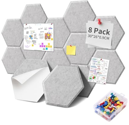 8 Stück Hexagon Filz Pinnwand Korkplatte, 30 * 26 * 0.9cm Selbstklebende Pinnwände aus Kork, Foto-Display-Tafel, Dekoration für Fotos, Memos, Wanddekoration, Mit 35 Pinnnadeln, Silbergrau