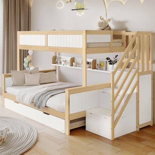 BTM Etagenbett Kinderbett Fallschutz Gitter, DREI Bettpositionen Rollbett Kleiderschrank, Ecktreppe Kiefer MDF Weiß Natur, 90x200 90x190 120x200 cm