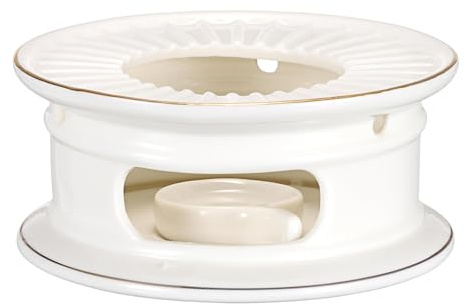 BSTKEY Ceramic Teapot Warmer with Tealight Spoon, Gold Rim White | Decorative Small Tea Coffee Milk Heating Warmer Teapot Heater Tealight Candle Burner for Teapot (No Candle)