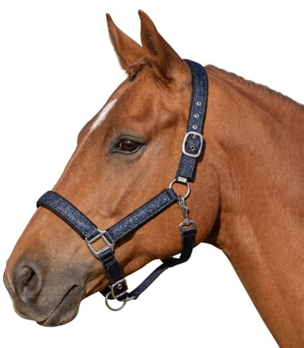 Pferdelinis Halfter für Pferde Glitzerhalfter, gepolstertes Halfter, verstellbare Dornschnallen, Halfter Pony, Cob, Warmblut, Shetty (Navyblau, Pony)