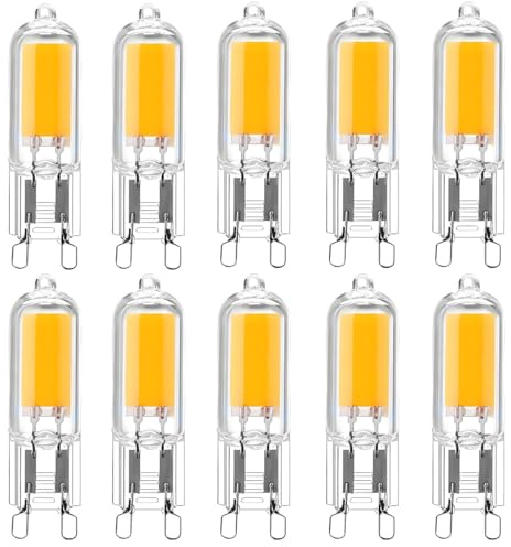 10-Pack G9 2W LED Bulbs,25W Halogen G9 Light Bulbs Replacement,G9 2W COB LED Energy Saving Bulbs,Warm White 3000K LED Lamps,AC 220-240V,360°Beam Angle,Non-Dimmable,250Lm,CRI>80