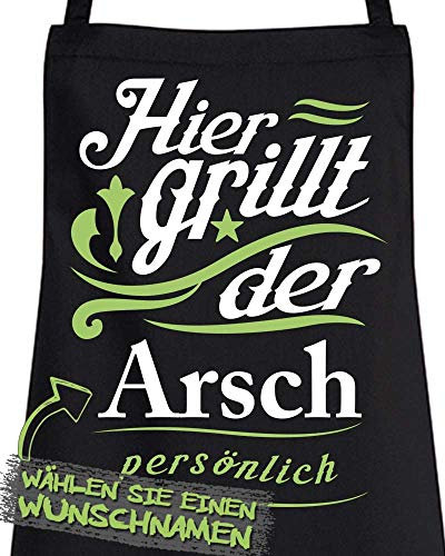 Comedy Grill Schürze - Hier GRILLT DER Wunschname PERSÖNLICH - Motiv 4 - Schwarz/Weiss-Hellgrün