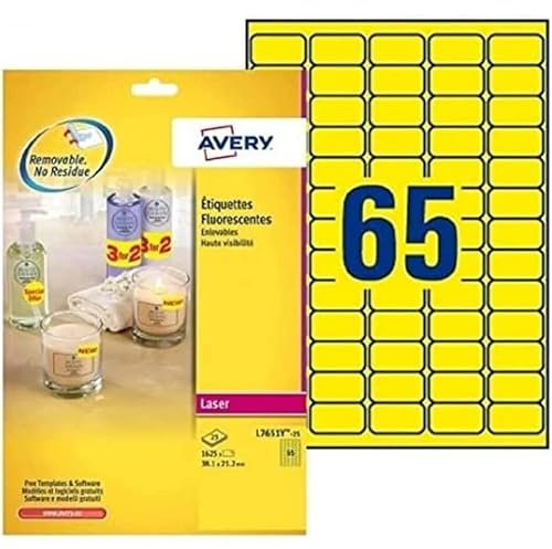 Avery L7651Y-25s – 1625 selbstklebende Etiketten, Neongelb, ablösbar, 38,1 x 21,2 mm