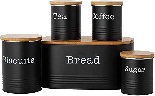 Typhoon 5pc Essential Tea,Coffee, Sugar, Biscuit and Bread Canisters With Wooden Lid - Black