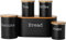 Typhoon 5pc Essential Tea,Coffee, Sugar, Biscuit and Bread Canisters With Wooden Lid - Black