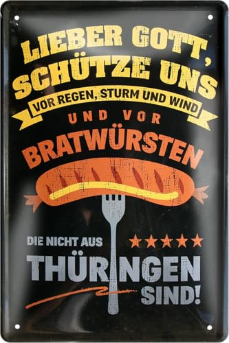 schilderkreis24 - Blechschild Grillen – lustige BBQ-Sprüche für Garten, Balkon & Mancave (Lieber Gott Schütze uns vor Regen Bratwürsten)
