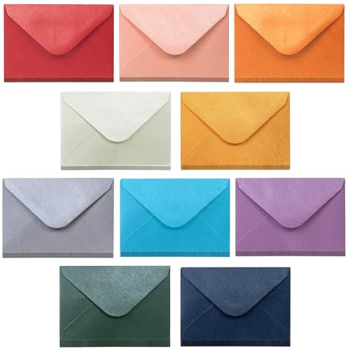 Geschenkkarten-Umschläge - 100 Stück Mini-Umschläge, Papier-Visitenkarten-Umschläge, Großpackung winzige Umschlagtaschen, 10 Metallicfarben, 10,2 x 6,9 cm
