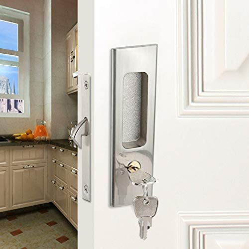 WOLFBIRD Sliding Door Lock Mortise Lock Handle with Keys Invisible Recessed Handle for Wooden Pocket Door Barn Door(Sliver)