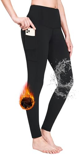 baleaf Damen Sport Leggings Winter Thermo Leggings wasserdichte Hohe Taille Fleece Gefütter Yogahose Blickdicht Slim Fit Wandern Laufhose mit Taschen Schwarz XS