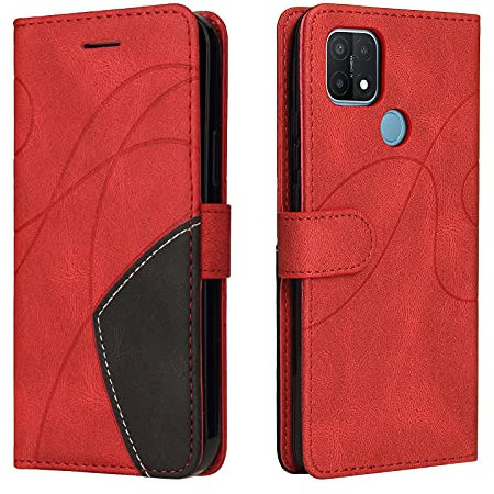 Fatcatparadise Coque pour Oppo A15 / A15S, Etui en Cuir PU Portefeuille Housse Fermeture Magnétique und Flip Protection Case avec Antichoc TPU, Etui à Rabat, Fentes pour Cartes (Rouge)