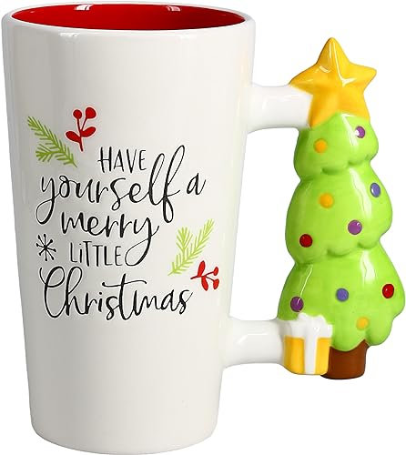 Pavilion – Merry Little Christmas – 17.5 Oz Coffee Cup Mug With Unique, Christmas Tree-Shaped Handle