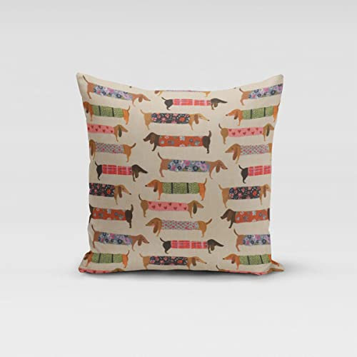 SCHÖNER LEBEN. Kissenhülle Baumwollstoff Dachshund Dackel beige bunt, Größe:50x50cm (HxB)