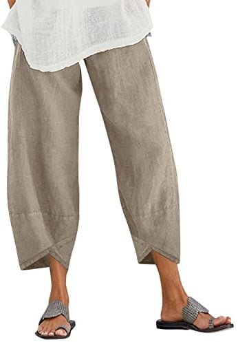 ZANZEA Womens Casual Trousers Cotton Linen Cropped Pants Loose Fit Straight Elasticated Waist Chino Bottoms with Pocket Beige L
