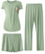 SUNNYBUY Damen Umstandsmode Stillpyjama-Set, Kurzarm-Stillshirts, Schwangerschafts-Shorts und Hosen, 3-teiliges Stillpyjama-Set, Grau Grün XL