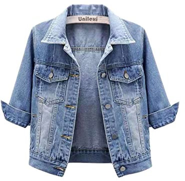 Unilexi Women's 3/4 Sleeve Colored Cropped Denim Jacket Light Wash Short Jean Jacket Trucker Coat, Light Blue, L