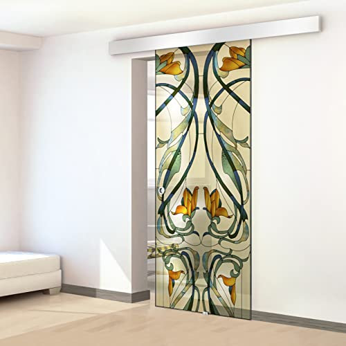 Porta scorrevole in vetro colorato dipinto a mano, modello SYMPHONY giallo 95x215 cm (60/85/95 cm) 8 mm vetro trasparente, kit completo di ferramenta (95x215 cm, DESTRA)