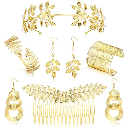 Kakonia 6 Stück Griechische Göttin Kostüm Schmuck Set für Damen Gold Römischer Lorbeerblatt Krone Diadem Haarkamm Armband Spule Oberarmreif Perle Baumeln Ohrringe Hochzeit Braut Kopfschmuck Toga Party
