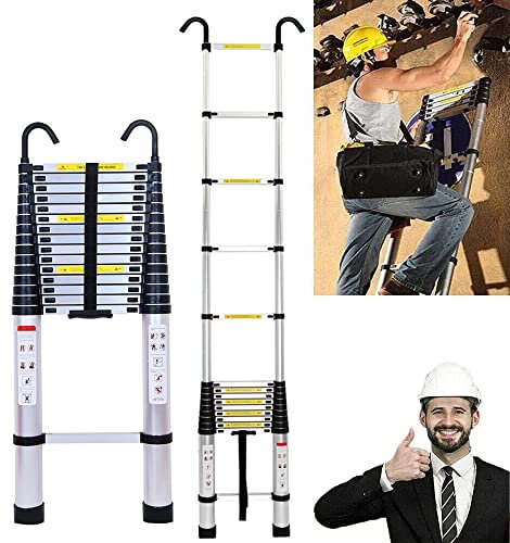 Scala telescopica in alluminio, 4,4 m, Scale Soppalco con 2 ganci, antiscivolo, Scaletta Pieghevole Allungabile, Facile da Trasportare, portata 150 kg, EN131