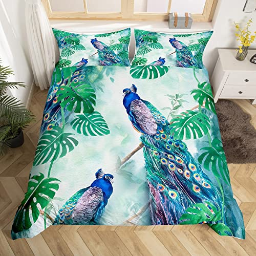 Manfei Pfau Bettbezug Set S Größe,Elegante Wunderschöne Blaue Feder Bettwäsche Mädchen Frauen Aquarell Grün Palmenblatt Tröster Abdeckung Vögel Tier Thema Dekor Quilt Cover,1 Kissenbezug