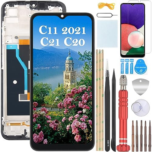 YHX-OU 6.50'' Negro + Marco Pantalla LCD para Realme C11 2021 RMX3231 C21 RMX3201 C20 RMX3063 RMX3061 Kit de Reparación de Pantalla Táctil Digitalizador con Herramientas + Vidrio Templad