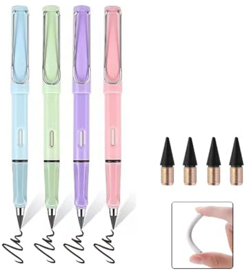 Abamabby Tintenloser Zauberstift mit Radiergummi – Unendlichkeits-Bleistifte in Macarons, gemischt, 4 Stück + 4 Stück Bleistiftspitzen