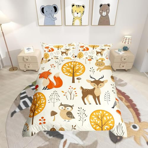 Cute Deer Bedding Set Kids 3D Kids Kawaii Cartoon Animal Fox Comforter Cover Set for Boys Girls Yellow Plants Duvet Cover Bedspread Cover King Size Zipper Breathable
