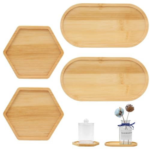 UTMACH 4 Pièces Plateaux Ovales en Bambou & Plateaux Hexagone en Bambou Plateau de Service en Bambou Plante Plateau Decoratif Assiette Bambou pour Pain, Gâteau, Café, Dessert