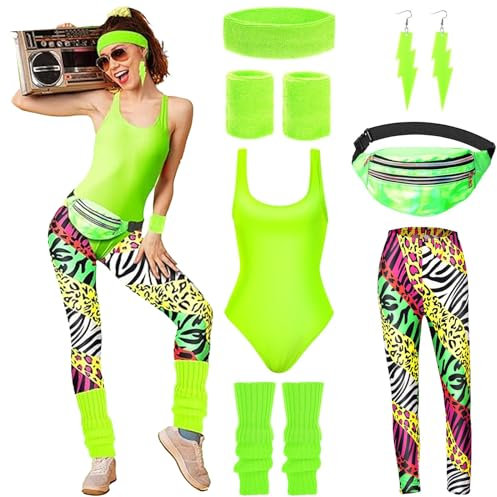 HIQE-FL 80er Jahre Damen-Outfit mit Accessoires: Workout-Kostüm, Bauchtasche, Stirnband für Karneval & Fasching